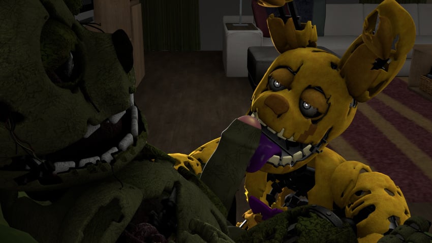 2boys animatronic azzy_azphyr_(artist) fellatio five_nights_at_freddy's five_nights_at_freddy's_3 fnaf gay green_body living_machine looking_at_another looking_down male male/male male_only open_mouth rabbit robot scottgames sex spring_bonnie_(fnaf) springtrap sucking_penis tongue tongue_out yellow_body