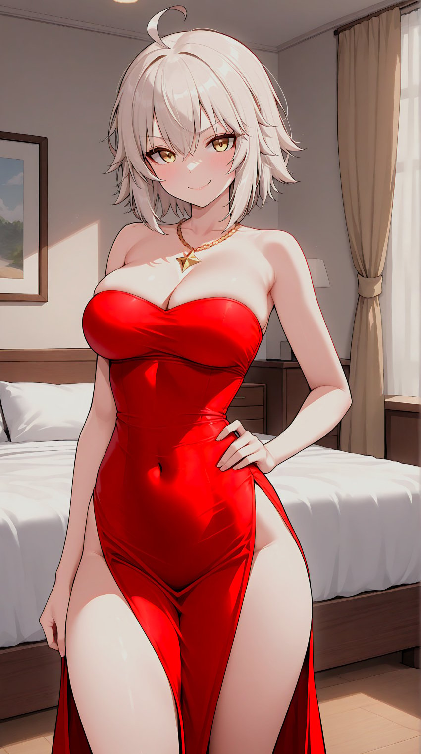 ai_generated bed bedroom cleavage hi_res highres jeanne_alter pixai red_dress short_hair valentines_day white_hair yellow_eyes