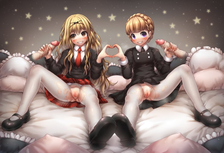 2girls aldnoah.zero black_bow black_shirt blonde_hair blush bow braid clitoris clothing disembodied_penis drooling eddelrittuo emperpep eyebrows eyebrows_visible_through_hair hair_between_eyes hairbow handjob heart_hands heart_hands_duo heavy_breathing long_hair long_sleeves mashiro_rima multiple_girls multiple_penises necktie pantyhose penis pillow pussy pussy_juice school_uniform shirt shoes shugo_chara shugo_chara! sitting skirt spread_legs star teeth torn_pantyhose uncensored white_legwear white_pantyhose