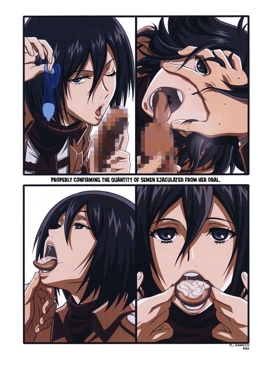 1boy 1girls after_fellatio after_oral asian asian_female attack_on_titan black_hair bob_cut censored censored_penis clothed clothed_female condom cum cum_in_mouth cum_on_tongue doujin doujinshi emotionless expressionless fellatio female female_focus filled_condom fishhooking grey_eyes hair_between_eyes hand_on_chin hand_on_head highres jacket light-skinned_female light_skin looking_at_partner looking_at_viewer looking_up lost_rarities male male/female mikasa_ackerman military_jacket military_uniform mosaic_censoring open_mouth oral pale-skinned_female pale_skin paradis_military_uniform penis penis_rub petite presenting_mouth red_scarf scarf short_hair soldier spread_mouth straight stray_pubic_hair submissive submissive_female takapiko teeth tongue tongue_out unbuttoned uniform unseen_male_face used_condom