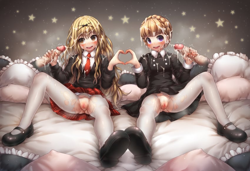 2girls aldnoah.zero black_bow black_shirt blonde_hair blush bow braid clitoris clothing cum cum_on_body cum_on_clothes cum_on_hair disembodied_penis drooling eddelrittuo emperpep eyebrows eyebrows_visible_through_hair facial hair_between_eyes hairbow handjob heart_hands heart_hands_duo heavy_breathing long_hair long_sleeves mashiro_rima multiple_girls multiple_penises necktie pantyhose penis pillow pussy pussy_juice saliva school_uniform shirt shoes shugo_chara shugo_chara! sitting skirt spread_legs star teeth torn_pantyhose uncensored white_legwear white_pantyhose