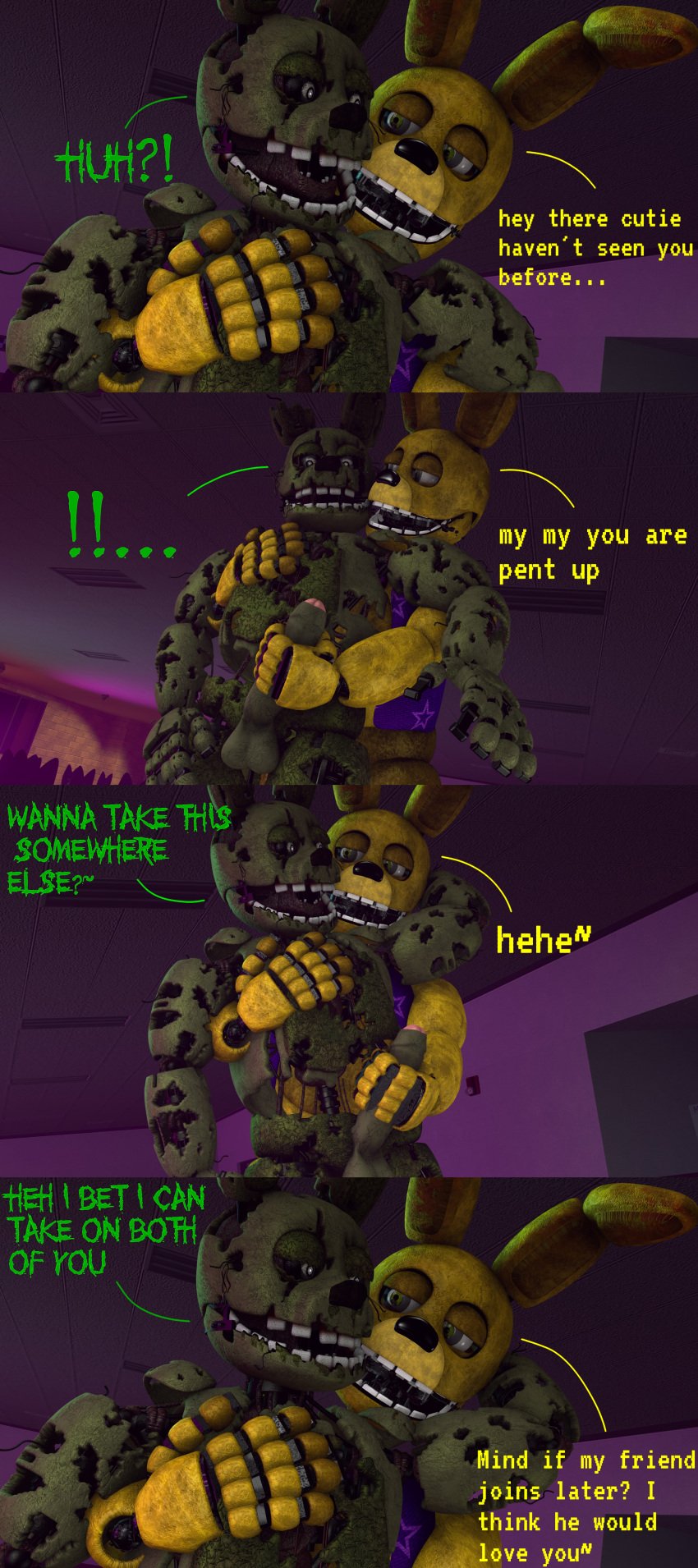 2boys animatronic azzy_azphyr_(artist) dialogue english_text erection five_nights_at_freddy's five_nights_at_freddy's_3 fnaf gay grabbing_penis green_body green_eyes imminent_sex inviting inviting_to_sex living_machine looking_at_another male male/male male_only open_mouth penis rabbit robot scottgames spring_bonnie_(fnaf) springtrap text undead yellow_body