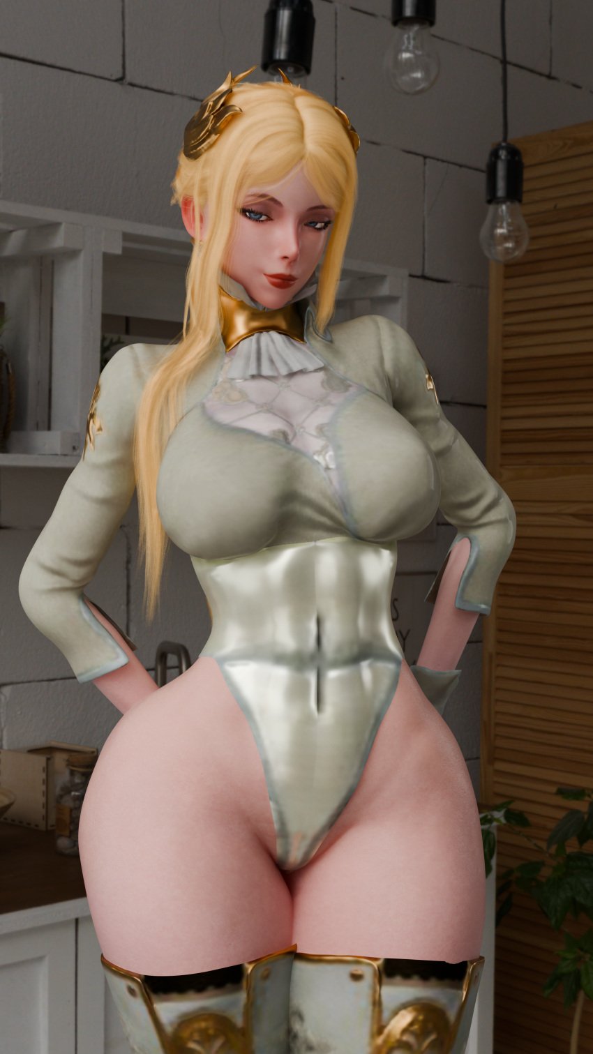 3d blender blonde_hair child_bearing_hips cpt-flapjack keyd10iori leotard lieutenant_flapjack looking_at_viewer milf nier:_automata smirk thick_thighs thighhighs yorha_commander