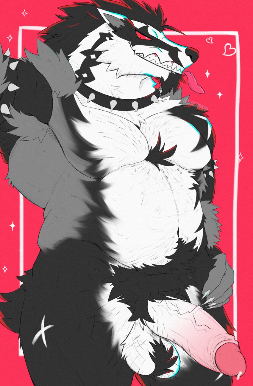 absurd_res ball_tuft balls bodily_fluids digital_drawing_(artwork) digital_media_(artwork) erection fur generation_8_pokemon genital_fluids genitals glans hi_res isaacyote_(artist) male male_only nintendo obstagoon penis pokemon pokemon_(species) precum pubes smile solo standing teeth tuft