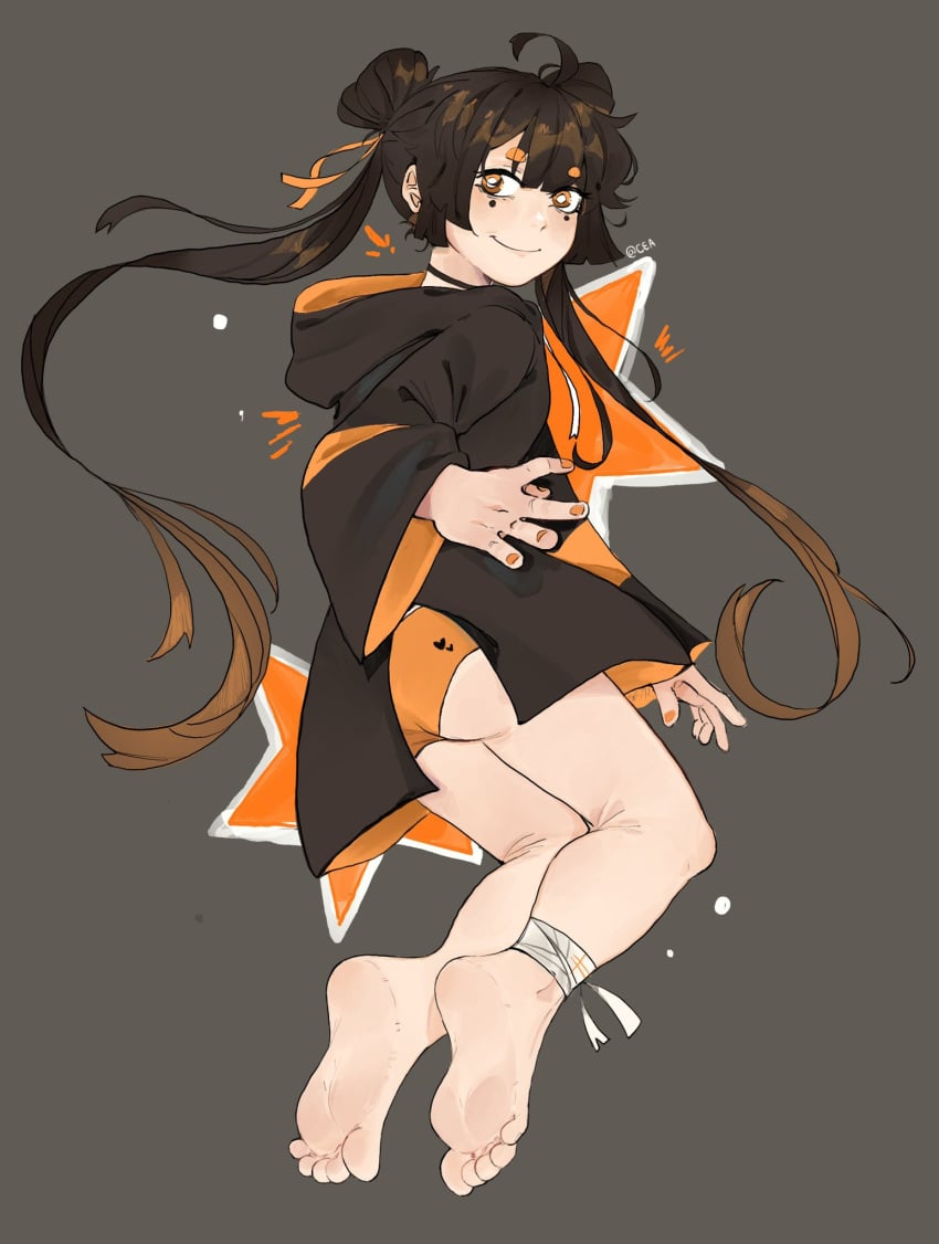 back_view blush brown_hair closed_eyes clothing commission cyadraws feet feet_focus female female_focus female_only foot_fetish long_hair looking_at_viewer original original_character underwear