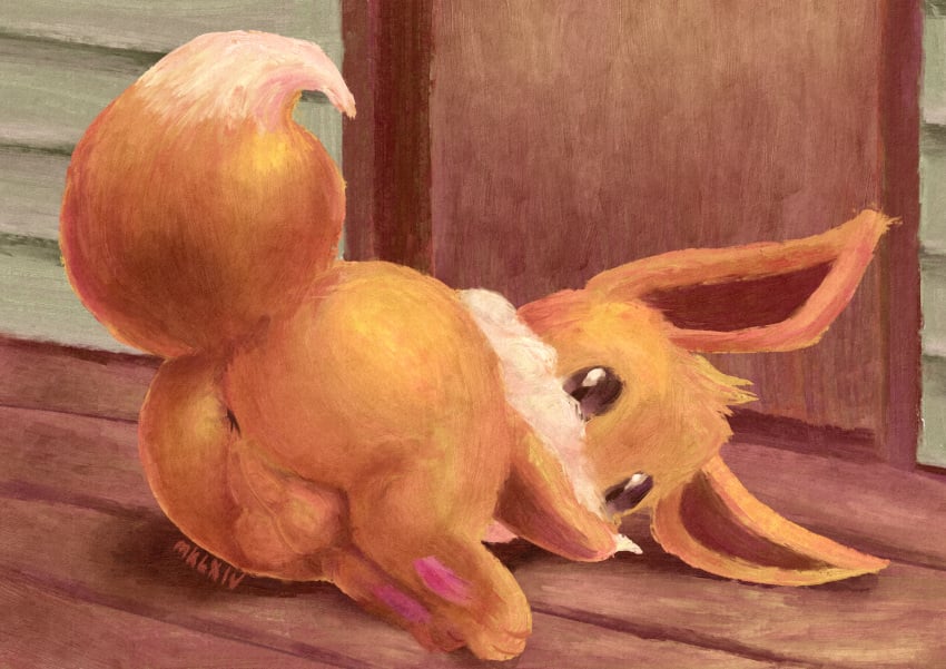 2024 3_toes absurd_res ass backsack balls brown_body brown_eyes brown_fur digital_media_(artwork) digital_painting_(artwork) dipstick_tail door eevee feet feral floor fur generation_1_pokemon genitals hi_res humanoid_genitalia humanoid_penis looking_at_viewer lying male male_only mammal markings mklxiv multicolored_body multicolored_fur multicolored_tail neck_tuft nintendo no_sclera painting_(artwork) pawpads paws penis pink_pawpads pokemon pokemon_(species) quadruped raised_tail rear_view signature solo tail tail_markings toes tuft wood wood_floor