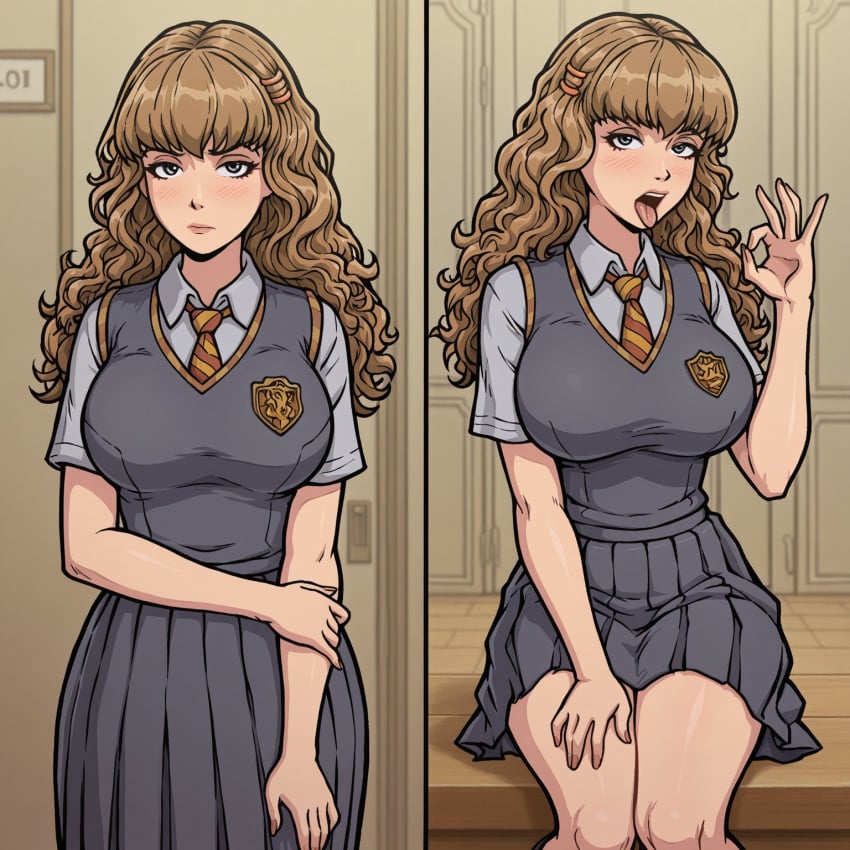 ai_generated akabur_style blowjob_gesture brown_hair curly_hair echodantalian fellatio_gesture gesture hermione_granger miniskirt school school_uniform schoolgirl sitting skirt story story_in_picture uniform witch_trainer