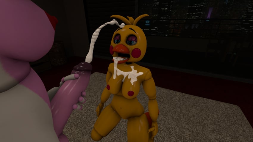 3d beak blue_eyes breasts chicken cum cum_in_mouth cum_on_breasts cumshot female five_nights_at_freddy&#039;s five_nights_at_freddy&#039;s_2 fox frezzfoxnsfw futanari looking_pleasured looking_up mangle_(fnaf) nipples penis purple_eyelids rosy_cheeks sfm source_filmmaker toy_chica_(fnaf) white_body yellow_body