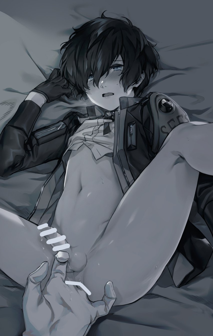 2boys absurdres anal_fingering armband back bar_censor bed_sheet blush bottomless censored clothes_lift erection fingering gloves greyscale hair_between_eyes highres jacket looking_at_viewer lor_(roasyerizyonirapi) male_focus monochrome multiple_boys navel open_clothes open_jacket open_mouth penis persona persona_3 persona_3_reload pov pov_hands s.e.e.s sheet_grab shiny_skin shirt_lift short_hair solo_focus spread_legs steam stomach sweat testicles thanatos_(persona) yaoi yuuki_makoto_(persona_3)