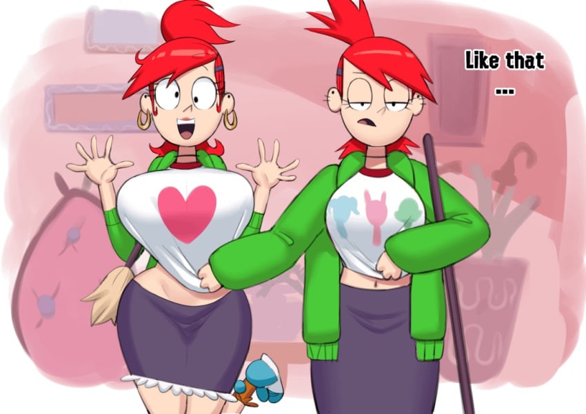 big_breasts breasts cartoon_network dialogue dual_persona foster&#039;s_home_for_imaginary_friends frankie_foster grey_impact pulling_shirt_down red_hair same_person