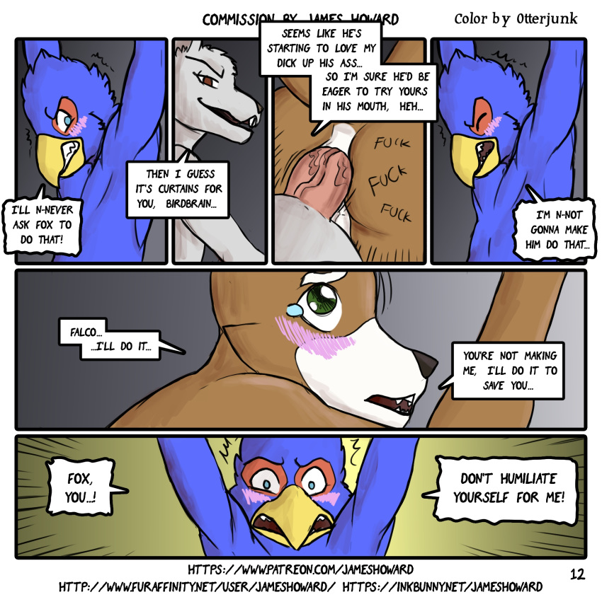 anal anal_sex anthro avian beak bird blush bound bw canine comic dialogue english_text falco_lombardi falcon forced fox fox_mccloud furaffinity_username hi_res inkbunny_username james_howard lagomorph male mammal nintendo otterjunk page_12 patreon_username penetration puppy_eyes rabbit rape sex star_fox tears text video_games yaoi