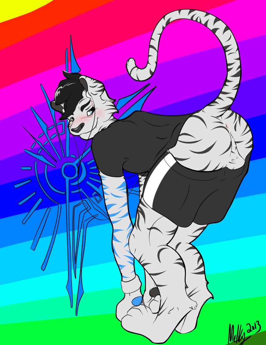 2013 absurd_res anthro anus ass backsack balls black_hair black_nose blue_eyes blush clothed clothing earbuds feline fur hair headphones hi_res looking_at_viewer looking_back male male_only mammal melkiah multicolored_fur partially_clothed perineum presenting presenting_hindquarters rainbow_background raised_tail shirt short_hair shorts simple_background solo striped_fur stripes tiger