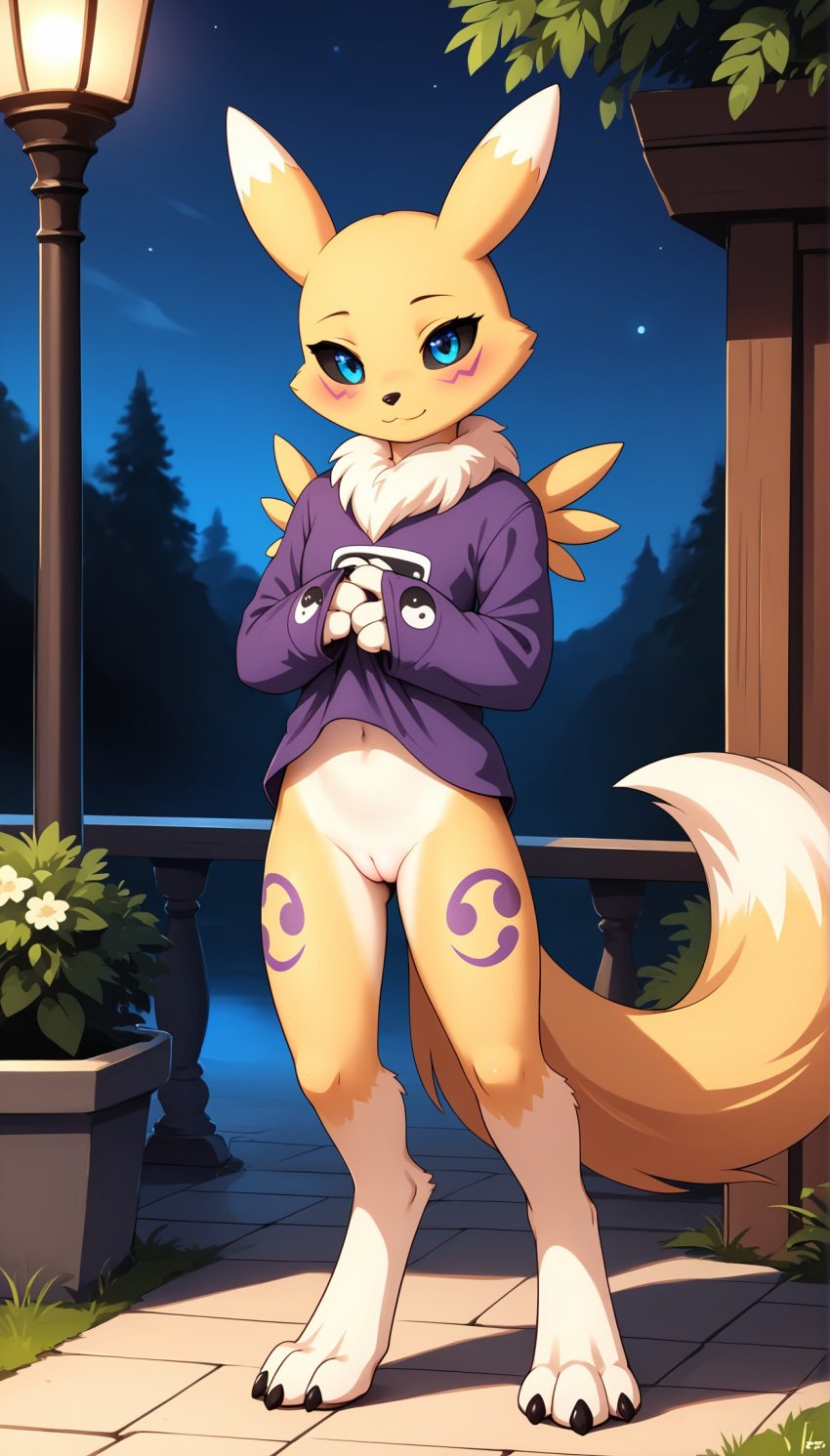 1girls 2025 ai_generated anthro black_sclera blue_eyes blushing bottomless bottomless_female digimon digimon_(species) digitigrade female female_only hi_res innie_pussy looking_at_viewer night outdoors pussy renamon shirt shirt_lift smile white_fur yellow_fur