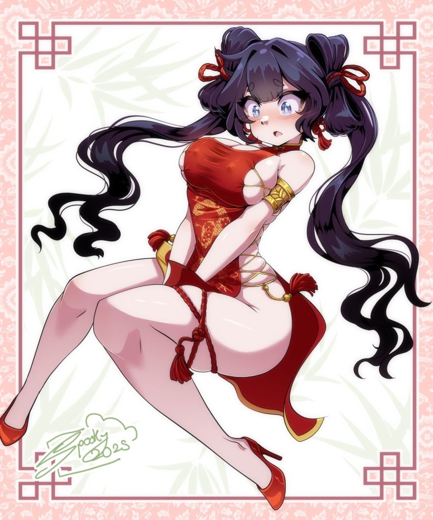 1girls 2025 big_breasts black_hair blue_eyes blush blush chinese_clothes chinese_female clothing digital_media_(artwork) female female_only original original_character revealing_clothes solo solo_female spookypandagirl surprised thighs