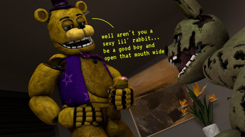 2boys 3d animatronic azzy_azphyr_(artist) bear dialogue english_text erection five_nights_at_freddy's five_nights_at_freddy's_3 fnaf fredbear_(fnaf) gay green_body jerkingoff living_machine looking_at_another male male/male male_only open_mouth penis rabbit robot scottgames springtrap springtrap_(fnaf) tagme text undead yellow_body