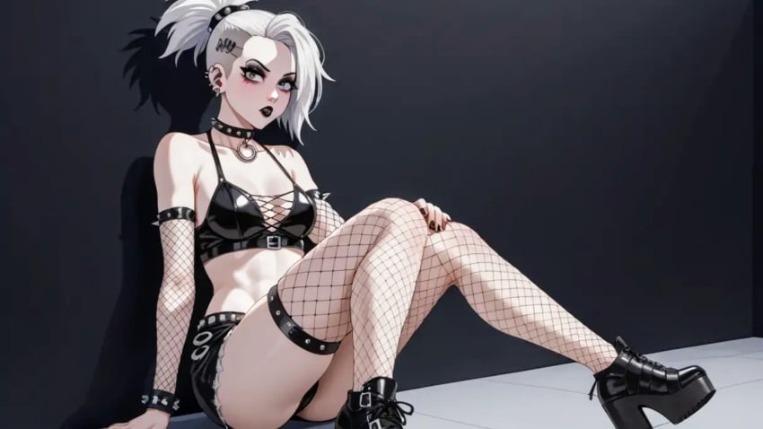 fishnet_armwear fishnet_legwear goth_girl original_character punk_hair wedge_boots white_hair