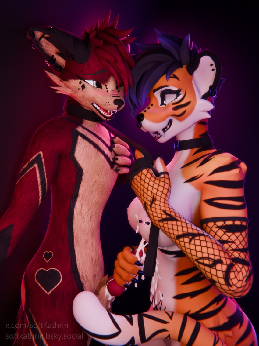 3:4 3d_(artwork) absurd_res alber animal_genitalia animal_penis anthro balls blender_(artwork) blush bodily_fluids breasts canid canine canine_genitalia canine_penis choker claws clothing collar cum cum_on_belly cum_on_body cum_on_breasts digital_media_(artwork) dominant dominant_female duo ear_piercing ear_ring erection eye_contact facial_piercing facial_tuft fangs felid female fishnet_clothing fur furgonomics furry-specific_piercing genital_fluids genitals hair handjob heart_symbol hi_res hyenid_(species) industrial_piercing jewelry kat_(softkathrin) knot leash leash_pull legwear looking_at_another looking_at_partner makeup male male/female mammal markings muzzle_piercing necklace nose_piercing nose_ring open_mouth pantherine penile penis piercing red_body red_fur red_penis ring_piercing sabertooth_(anatomy) septum_piercing septum_ring sex sheath simple_background smile softkathrin standing stockings striped_body striped_markings striped_tail stripes submissive submissive_male tail tail_markings tattoo teeth text texx tiger tongue tongue_piercing tuft url watermark womb_tattoo