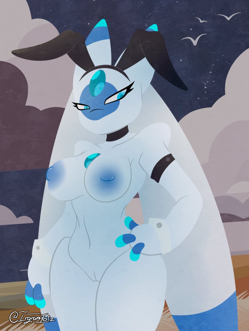 3:4 absurd_res anthro blue_eyes blush breasts digital_media_(artwork) female gem genitals hi_res humanoid irgramfox lunaris_(pal) nipples pal_(species) palworld pocketpair pussy solo white_body