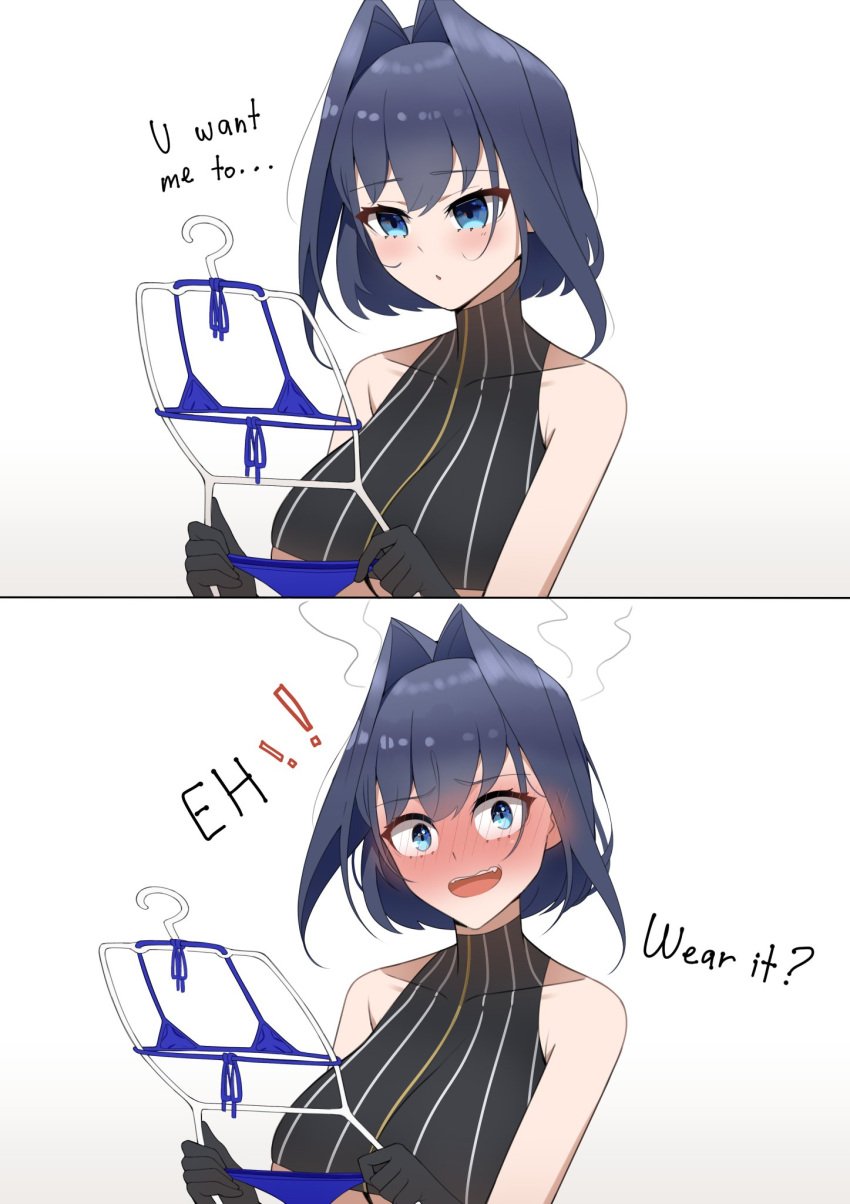 1girls 2d 2koma bikini bikini_removed blue_bikini blue_eyes blue_hair blush comic d: dotonburi embarrassed flustered girls_reacting_to_bikini_(meme) holding_clothes_hanger hololive hololive_english hololive_english_-council- hololive_english_-promise- looking_at_object looking_at_viewer meme ouro_kronii ouro_kronii_(1st_costume)