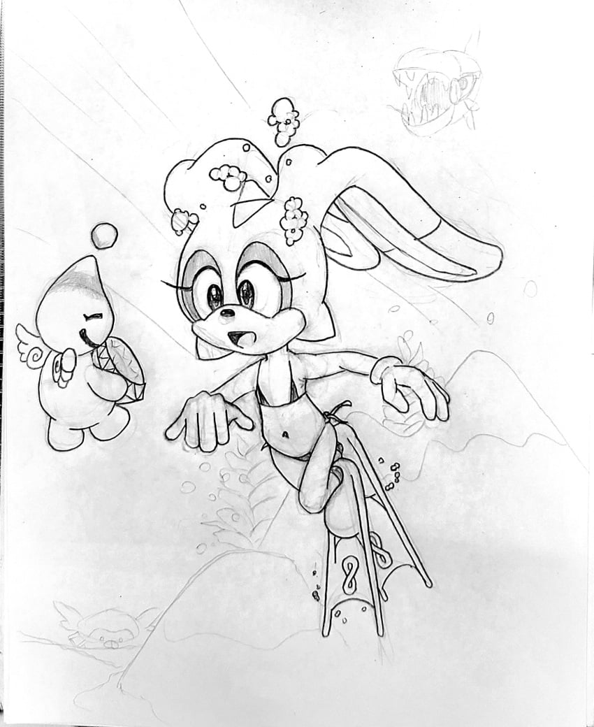 1boy 1girls bikini bunny cheese_the_chao cream_the_rabbit cute dtcg fanart female happy lagomorph lapine male mobian monochrome rabbit sega sketch sonic_(series) sonic_the_hedgehog_(series) underwater