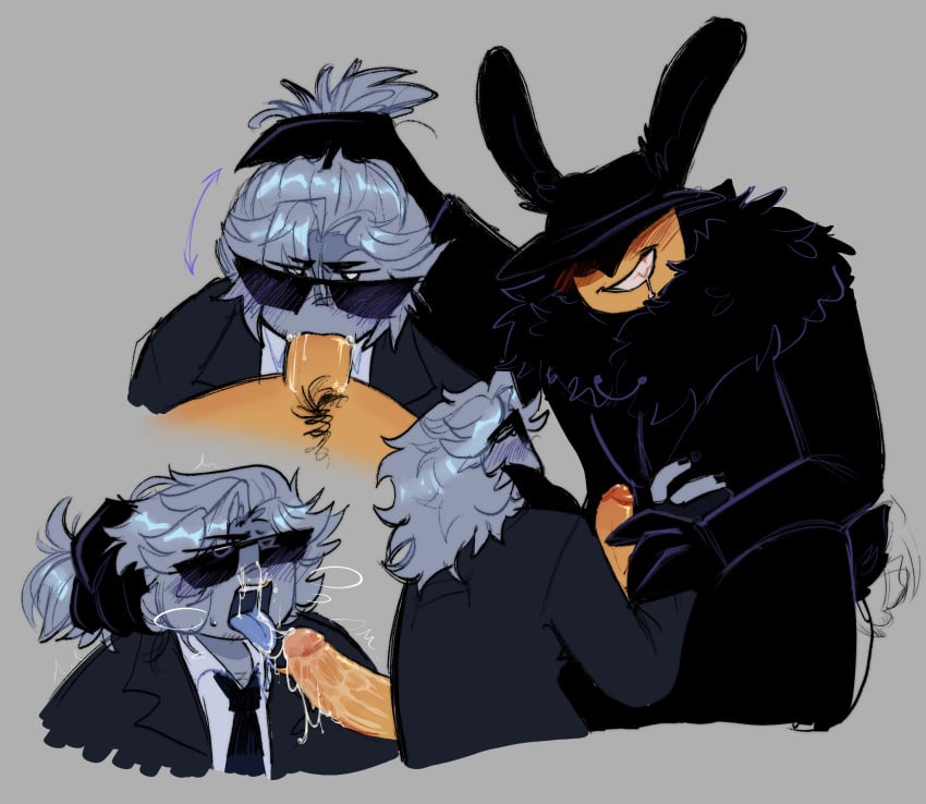 black_coat black_fur blowjob chance_(forsaken) claws cum cum_in_mouth cum_on_face facial_hair fluffy forsaken_(roblox) grabbing_hair gray_hair grey_skin mafioso mafioso_(dream_game) male male/male male_only pubic_hair pulling_hair rabbit_ears rabbit_tail roblox roblox_game sunglasses