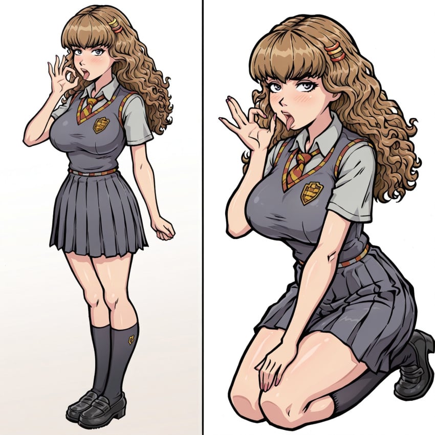 ai_generated akabur_style blowjob_gesture brown_hair curly_hair echodantalian fellatio_gesture gesture hermione_granger kneeling miniskirt on_knees school school_uniform schoolgirl skirt story story_in_picture uniform witch_trainer