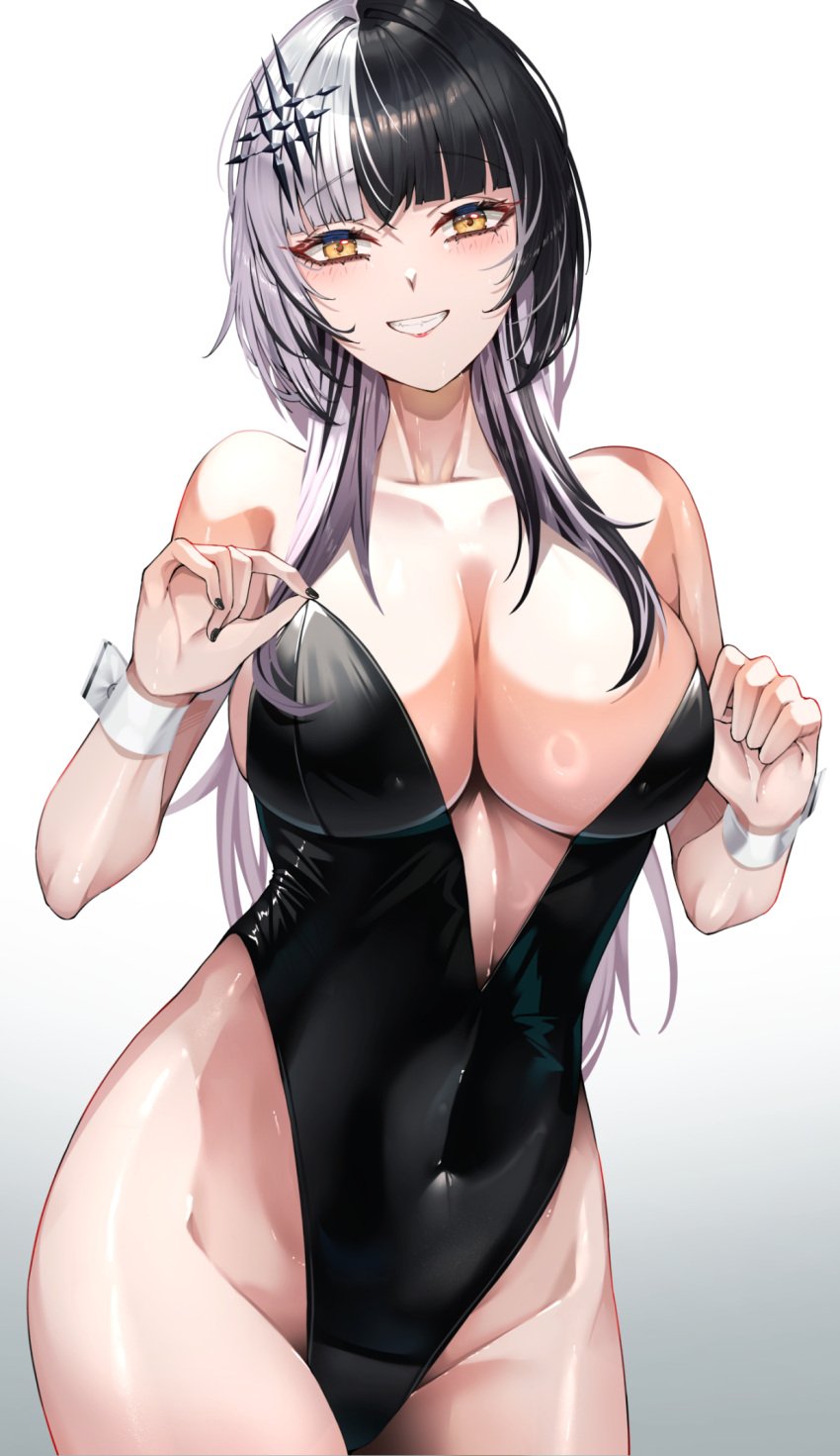 1girls black_hair black_nails blush breasts bunnysuit clothed clothing eyebrows_visible_through_hair female female_only hololive hololive_english hololive_english_-advent- huge_breasts light-skinned_female light_skin misapika shiori_novella solo virtual_youtuber white_hair wrist_cuffs yellow_eyes