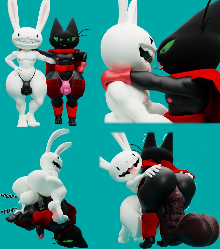 2023 3_toes 3d_(artwork) 5_fingers anal anal_sex anthro anus arm_around_shoulders arm_around_waist ass backsack balls big_butt big_dildo black_body black_clothing black_fur black_underwear blue_background bodily_fluids camseven cape cartoon_network circumcised clothing cum cum_in_ass cum_inside digital_media_(artwork) dildo dildo_insertion domestic_cat duo english_description erection feet felid feline felis fingers french_kissing fur g-string genital_fluids genitals gloves green_eyes half-closed_eyes hand_on_butt hand_on_hip handwear hi_res humanoid_genitalia humanoid_penis interspecies kissing lagomorph leporid long_ears male male/male mammal mao_mao:_heroes_of_pure_heart max_(sam_and_max) mouth_closed narrowed_eyes nipples open_mouth penetration penile penile_penetration penis pink_anus pink_clothing pink_nipples pink_underwear pushing rabbit rear_view red_cape red_clothing red_gloves red_handwear saliva saliva_on_tongue saliva_string sam_and_max sex_toy sex_toy_insertion sharp_teeth sheriff_mao_mao_mao simple_background sketch_page small_waist smile sound_effects standing tassets teeth text thick_thighs toes tongue tongue_out underwear white_body white_fur wide_hips