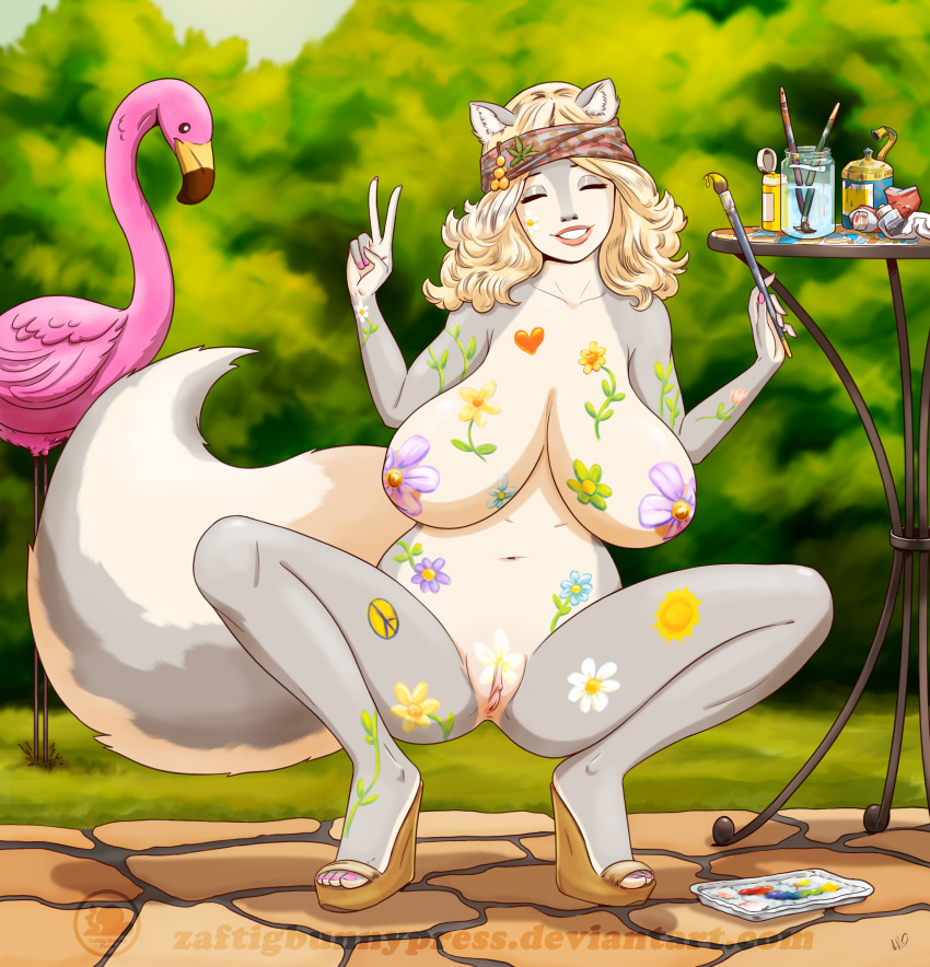 anthro big_breasts big_tail blonde_hair blue_eyes breasts female fur grey_fur hair huge_breasts lips mammal mrs._boobalickski nipples paint skunk solo striped_tail stripes white_fur zaftigbunnypress