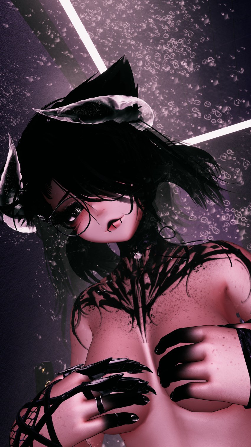 bell black_hair blush collar covered_nipples female female_only fishnet_armwear fishnets glasses horns lipstick nude nude_female tattoo underboob vrchat vrchat_avatar