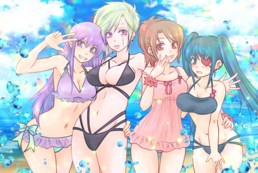 4girls alternate_costume beach bikini black_bikini black_hair blonde_hair blush brown_eyes brown_hair cleavage eye_patch facial_scar female female_only gintama grin looking_at_viewer medium_breasts one-piece_swimsuit paleatus pink_swimsuit ponytail purple_bikini purple_eyes purple_hair sarutobi_ayame scar shimura_tae smile swimsuit swimwear thigh_gap tsukuyo twintails yagyuu_kyuubei