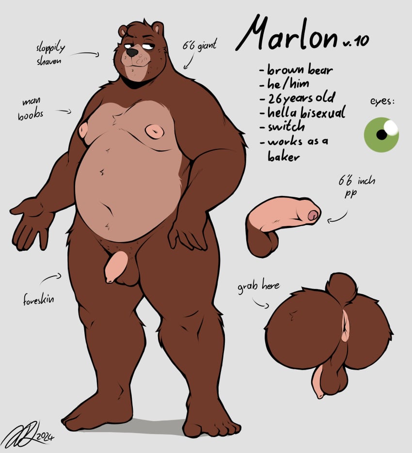 2024 absurd_res anthro backsack balls bear character_name disembodied_butt disembodied_penis english_text erection fiercedeitylynx flaccid foreskin genitals hi_res looking_aside male mammal marlon_(fiercedeitylynx) model_sheet narrowed_eyes nipples nude overweight overweight_anthro overweight_male penis signature simple_background solo standing stated_adult stated_age text