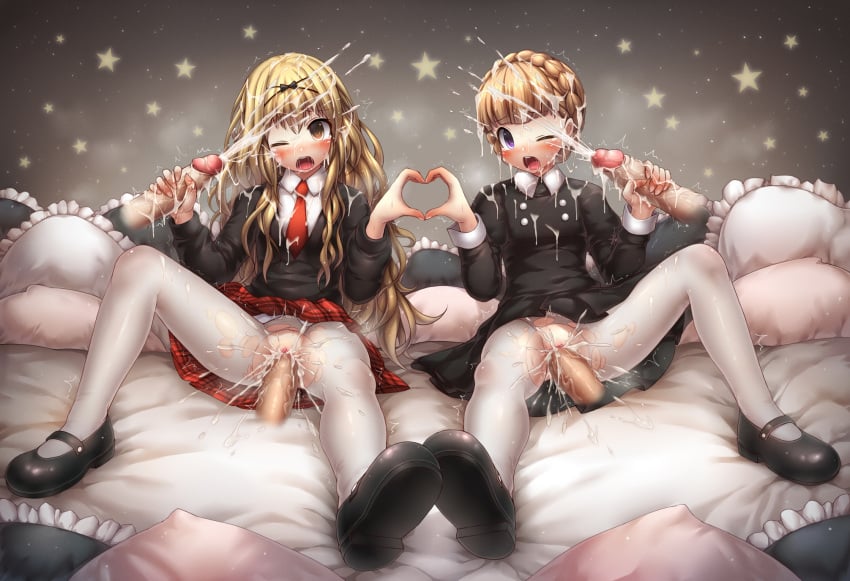 2girls aldnoah.zero black_bow black_shirt blonde_hair blush bow braid clitoris clothing cum cum_in_pussy cum_on_body cum_on_clothes cum_on_hair cum_string disembodied_penis drooling eddelrittuo ejaculation emperpep eyebrows eyebrows_visible_through_hair facial hair_between_eyes hairbow handjob heart_hands heart_hands_duo heavy_breathing long_hair long_sleeves mashiro_rima multiple_girls multiple_penises necktie one_eye_closed open_mouth pantyhose penis pillow pussy pussy_juice saliva school_uniform sex shirt shoes shugo_chara shugo_chara! sitting skirt spread_legs star teeth torn_pantyhose uncensored vaginal_penetration white_legwear white_pantyhose