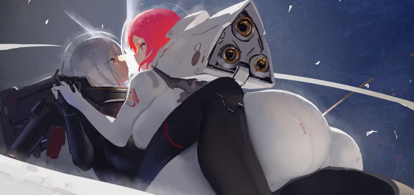 2girls astronaut_helmet astronaut_suit big_ass big_ass_(female) big_boob big_breast big_breasts big_breasts black_suit cute jetpack red_eyes red_hair sci-fi scifi space trial_typekof two_girls white_hair white_suit yellow_eyes