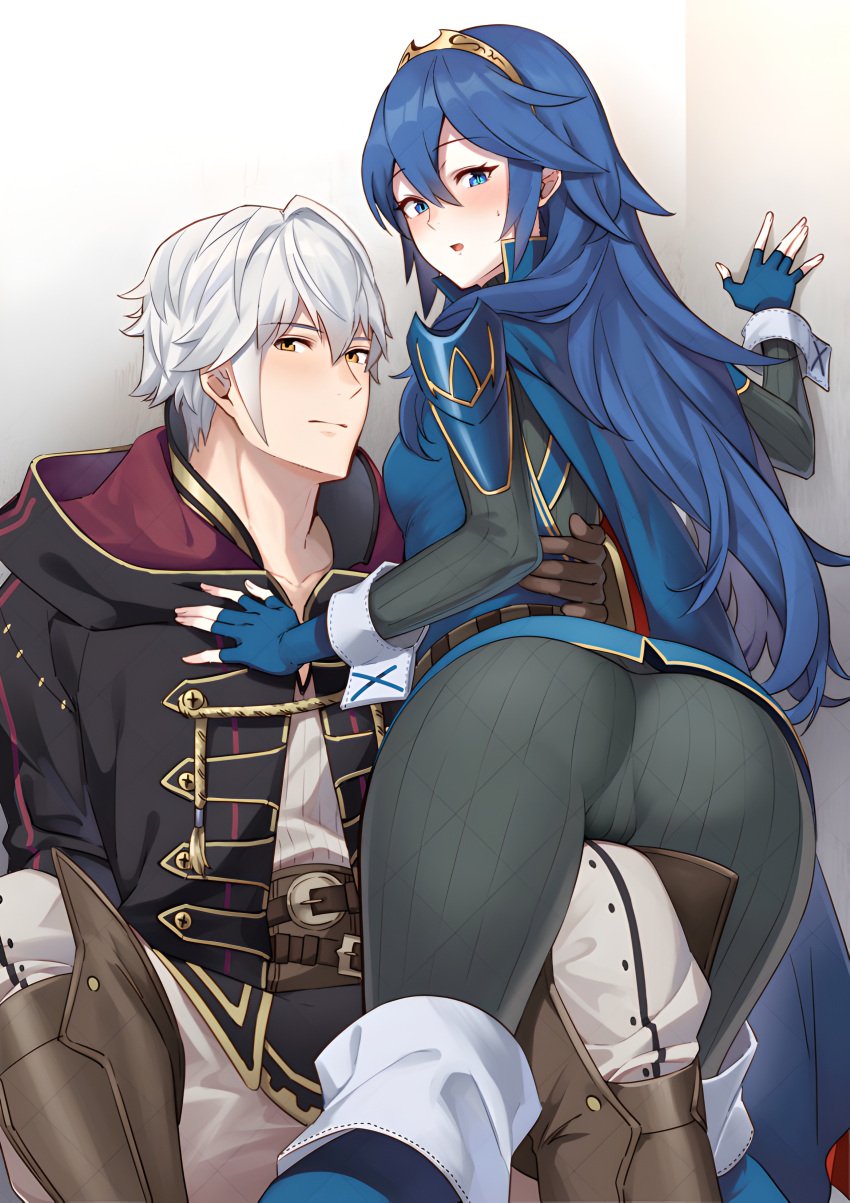 1boy 1girls ameno_(a_meno0) ass big_ass blue_eyes blue_hair fire_emblem fire_emblem_awakening grey_hair hand_on_waist looking_at_viewer looking_back lucina_(fire_emblem) nintendo robin_(fire_emblem) robin_(fire_emblem)_(male) small_breasts thick_thighs thighs tiara tight_clothing tight_pants yellow_eyes