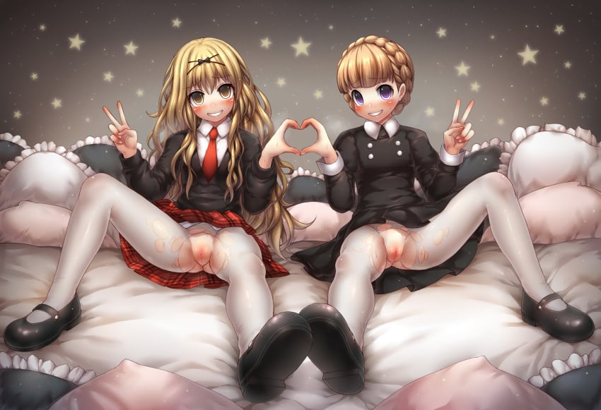 2girls aldnoah.zero black_bow black_shirt blonde_hair blush bow braid clitoris clothing eddelrittuo emperpep eyebrows eyebrows_visible_through_hair female hair_between_eyes hairbow heart_hands heart_hands_duo long_hair long_sleeves mashiro_rima multiple_girls necktie pantyhose pillow pussy school_uniform shirt shoes shugo_chara shugo_chara! sitting skirt spread_legs star teeth torn_pantyhose uncensored v white_legwear white_pantyhose