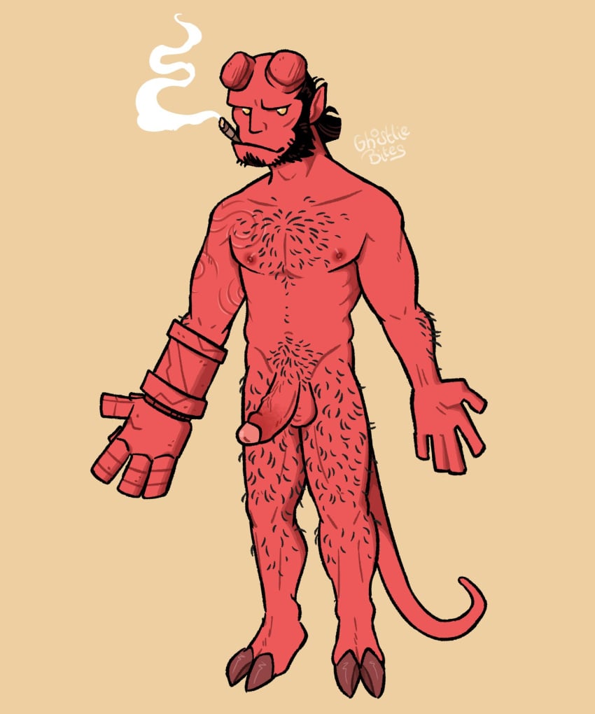 balls bara beard body_hair boner demon erection facial_hair gravediirt hellboy hellboy_(series) male male_only muscles muscular nude penis red_body red_skin solo solo_male