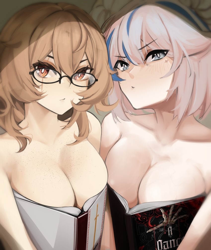 2girls alternate_hair_color blue_hair blush book_covering_breasts books breasts brown_eyes brown_hair cleavage clio_aite duo female female_only glasses huge_breasts kaneko_lumi light-skinned_female light-skinned_male light_skin looking_at_viewer nose_blush ouch_meme phase_connect phase_invaders phase_invaders_quest pupi rain_prophet two_tone_hair vershion virtual_youtuber white_hair