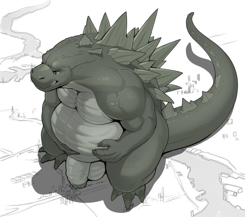 2025 absurd_res anthro balls barazoku belly belly_grab belly_overhang belly_squish biceps big_balls big_belly big_muscles big_penis bird&#039;s-eye_view claws clenched_teeth deltoids flaccid foreskin genitals glans godzilla godzilla_(series) greyscale hand_on_belly hi_res high-angle_view huge_balls huge_belly huge_cock huge_muscles humanoid_genitalia humanoid_penis kaiju macro male monochrome monster musclegut muscular muscular_anthro muscular_male narrowed_eyes non-mammal_balls nude outside overweight overweight_anthro overweight_male pecs penis reptile scales scalie shadow simple_background solo squish standing teeth thick_arms thick_penis thick_thighs toho vexedlupine white_background