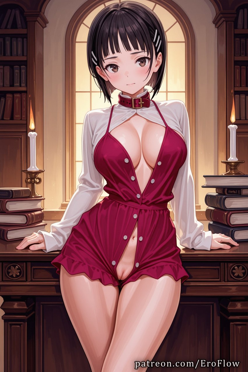 1girls 2025 ai_generated arm_support bangs black_hair blush book book_stack bookshelf breasts brown_eyes candle cleavage cleft_of_venus closed_mouth clothing collar desk dress eroflow female female_only hair_ornament hi_res highres indoors kirigaya_suguha large_breasts legs long_sleeves looking_at_viewer navel open_clothes patreon pussy pussy_peek shirt short_hair solo sword_art_online sword_art_online_alicization table thigh_gap thighs unbuttoned uncensored voluptuous voluptuous_female white_shirt window