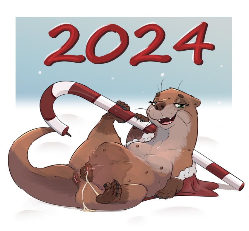 2024 after_sex afterglow anus bedroom_eyes bodily_fluids brown_body brown_fur candy candy_cane cum cum_from_pussy cum_in_pussy cum_inside dessert female feral food fur genital_fluids genitals hi_res leaking_cum looking_at_viewer lying mammal mostly_nude multi_nipple mustelid narrowed_eyes nipples noodlestoat on_back open_mouth open_smile otter pussy seductive semi-anthro smile solo