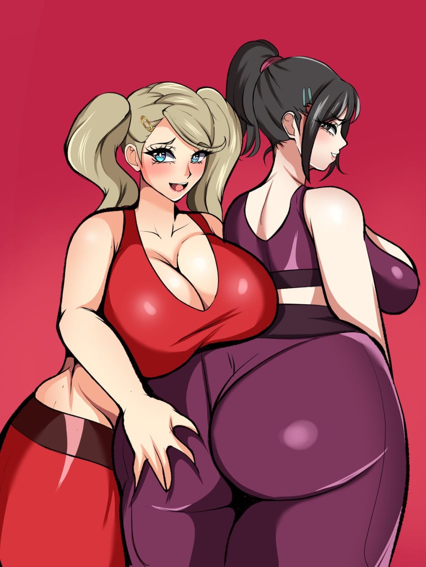 ann_takamaki ass_focus black_hair blonde_hair blue_eyes breast_focus breasts_on_ass brown_hair grabbing_ass groping groping_ass hand_on_butt huge_ass huge_breasts hyperrxgue large_ass large_breasts looking_at_viewer looking_back persona persona_5 ponytail shiho_suzui sports_bra twintails yoga_pants