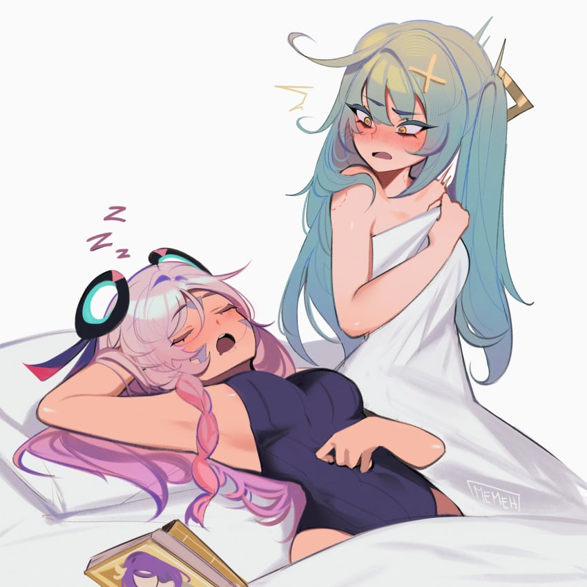 2girls after_sex asleep bare_shoulders bed bite_mark bite_mark_on_shoulder blanket book braid breasts citlali_(genshin_impact) faruzan_(genshin_impact) female female_only genshin_impact green_hair hair hair_ornament leotard long_hair memeh naked naked_female nude nude_female pink_hair sleeping waking_up yellow_eyes yuri