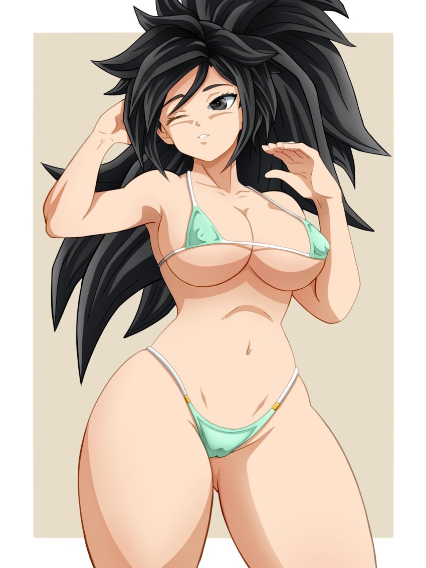 big_breasts black_eyes black_hair colored commission dark_eyes dark_hair dragon_ball dragon_ball_gt dragon_ball_super dragon_ball_xenoverse dragon_ball_z eye_closed female female_focus female_only female_saiyan full_color girl girly half-closed_eyes half_body hand_on_head hands_up micro_bikini necronox_art original_character saiyan saiyan_girl serena_(dragon_ball) thick_thighs white_background white_body