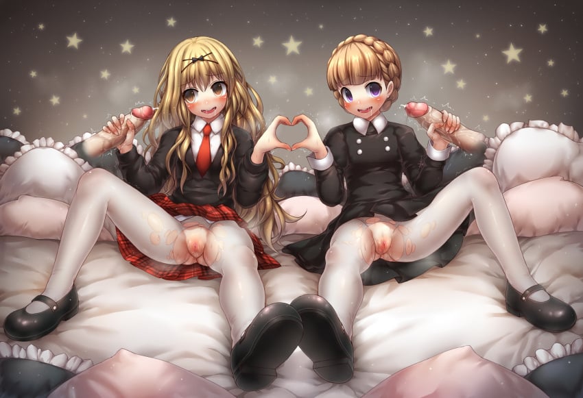 2girls aldnoah.zero black_bow black_shirt blonde_hair blush bow braid clitoris clothing disembodied_penis drooling eddelrittuo emperpep eyebrows eyebrows_visible_through_hair hair_between_eyes hairbow handjob heart_hands heart_hands_duo heavy_breathing long_hair long_sleeves mashiro_rima multiple_girls multiple_penises necktie pantyhose penis pillow pussy pussy_juice saliva school_uniform shirt shoes shugo_chara shugo_chara! sitting skirt spread_legs star teeth torn_pantyhose uncensored white_legwear white_pantyhose