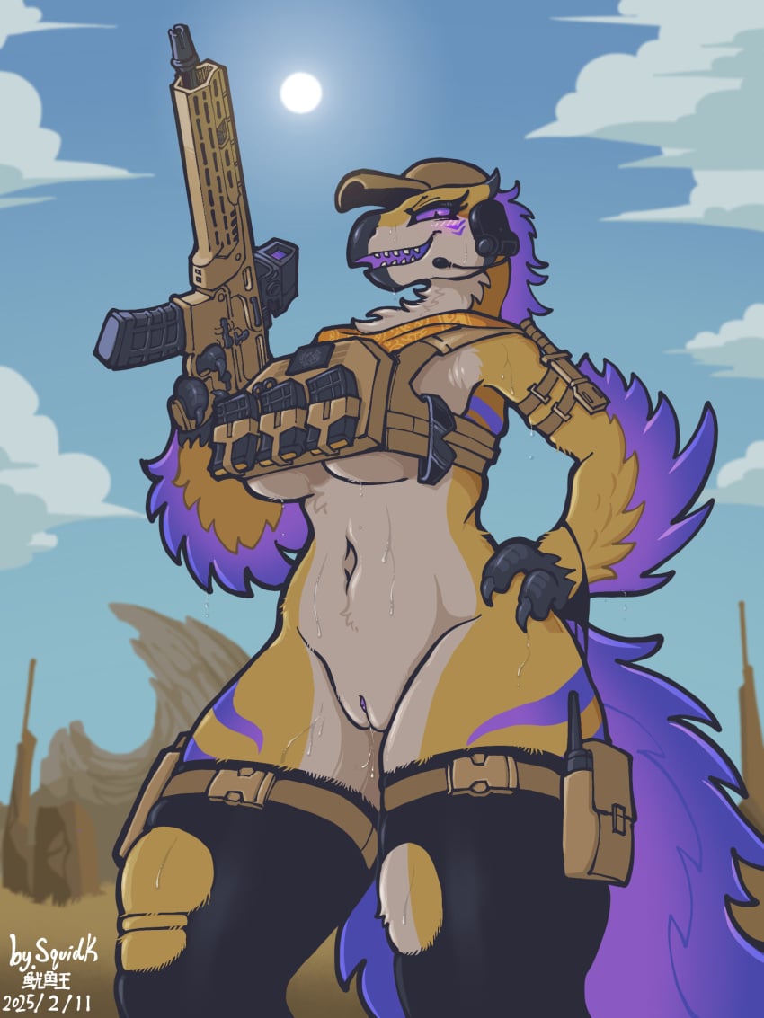 2025 3:4 animal_humanoid anthro army ass assault_rifle assault_vest avian avian_humanoid big_breasts bird bird_humanoid bird_wyvern bodily_fluids bottomless bottomwear breasts bulletproof_vest capcom clothed clothing digital_media_(artwork) dinosaur dinosaur_humanoid dromaeosaurid english_description feather_hair feathered_dinosaur feathered_scalie feathered_tail feathered_wings feathers female female_anthro feral flying_sweatdrops fur genital_fluids genitals gun hi_res humanoid legwear military military_clothing model_sheet monster_hunter non-mammal_breasts nude portrait prehistoric_species pseudo_hair purple_body purple_eyes purple_fur pussy ranged_weapon reptile reptile_humanoid rifle rifle_scope scalie scalie_humanoid scarf seikret solo squidking stocking_cap stockings sweat sweatdrop sweaty_breasts sweaty_butt sweaty_legs sweaty_thighs tail theropod three-quarter_portrait torn_clothing trueno_(squidking) vaginal_fluids warrior weapon weapon_on_shoulder wings yellow_body