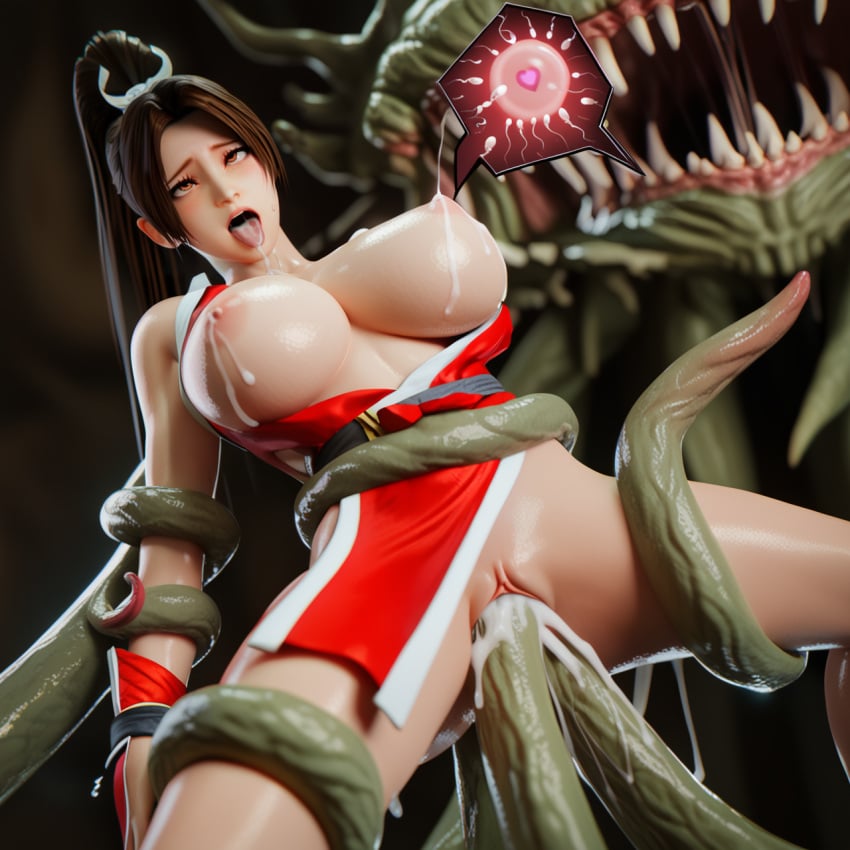 ahe_gao ai_generated breasts_bigger_than_head brown_hair cum cum_inside defeated impregnation lactation large_breasts long_hair mai_shiranui malboro monster morbol ovum pony_diffusion_xl rape restrained restrained_by_tentacles tentacle