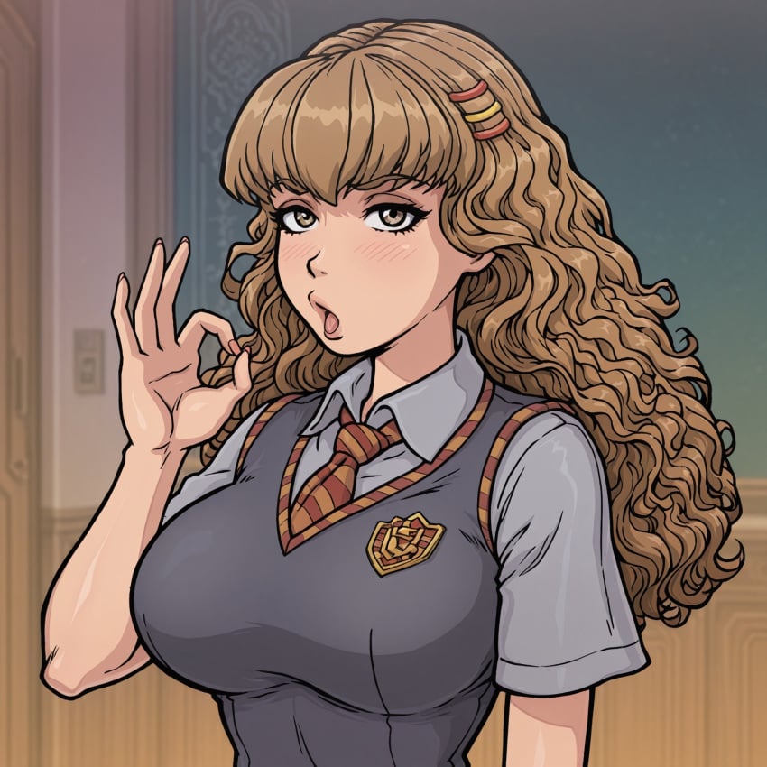 ai_generated akabur_style blowjob_gesture brown_hair curly_hair echodantalian eye_contact fellatio_gesture gesture hermione_granger miniskirt school school_uniform schoolgirl skirt story story_in_picture uniform witch_trainer