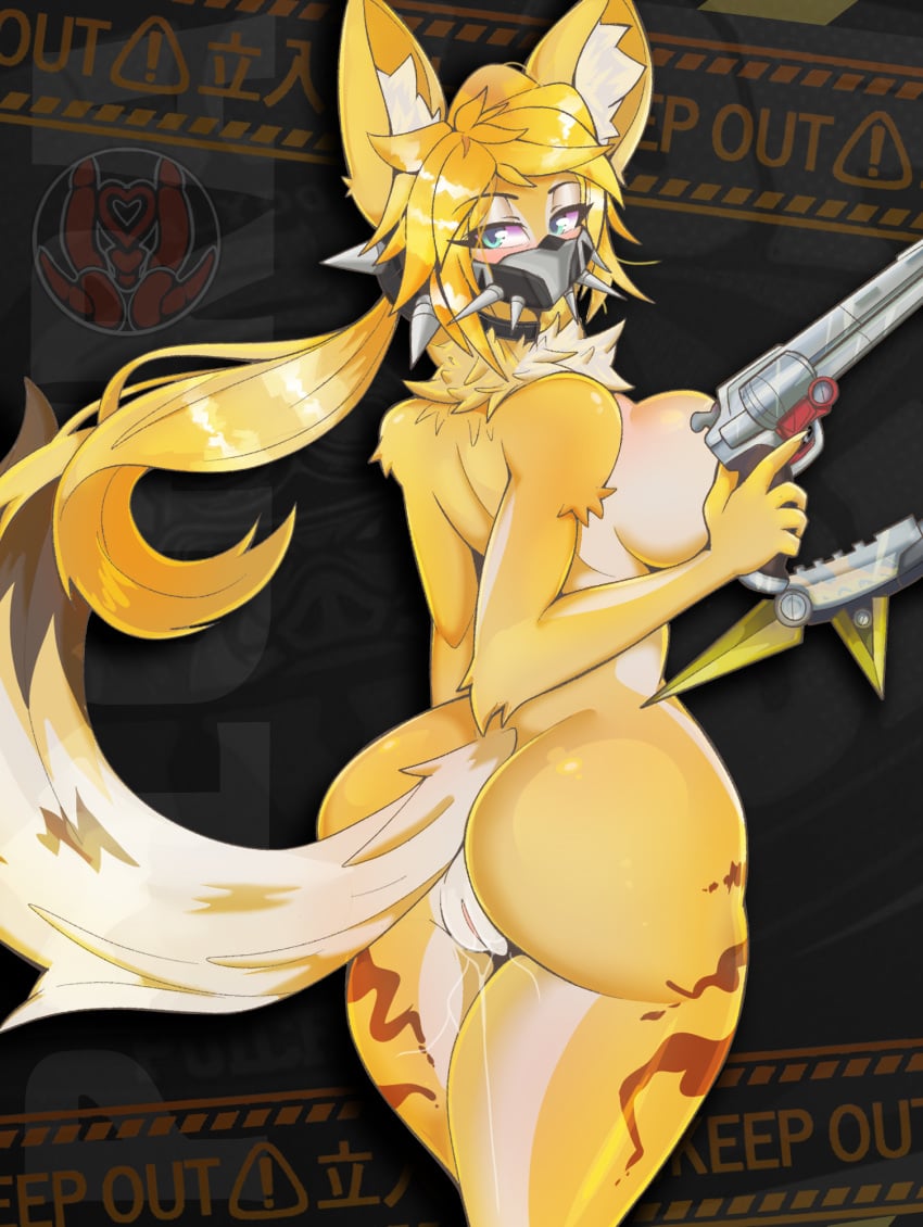 2025 anthro arm_tuft ass big_breasts blonde_hair breasts elbow_tuft eyebrows eyelashes felid feline felis female fur genitals green_eyes gun hair handgun hi_res inner_ear_fluff mammal mask mihoyo neck_tuft nude pulchra_fellini pussy ranged_weapon revolver side_boob solo theredroo thiren tuft weapon white_body white_fur yellow_body yellow_fur zenless_zone_zero