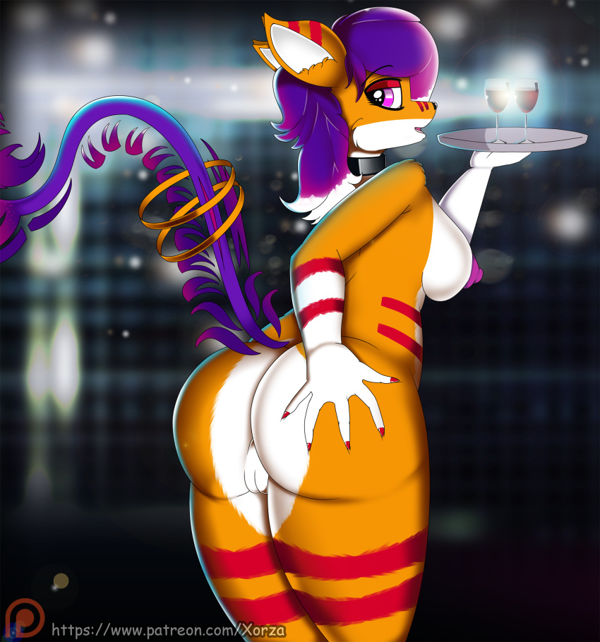 alcohol anthro ass beverage breasts canine collar female fox fur hi_res invalid_tag mammal nipples purple_hair pussy smile xorza